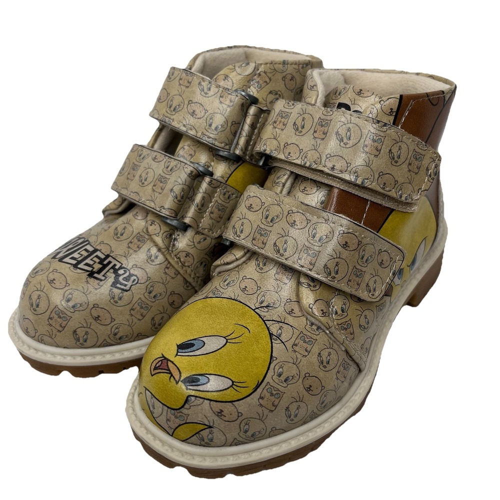 Dogo Kids Vegan Leather Tweety Bird Graphic Combat Ankle Boots Size 11 / EU 28